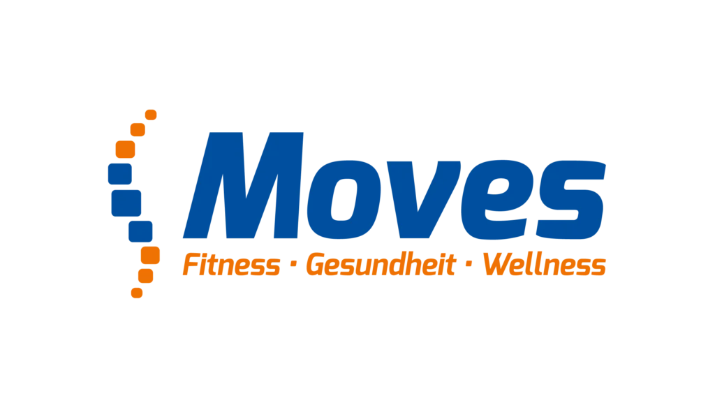 Logo mit "Moves" in Blau, daneben orange-blaue Quadrate; darunter "Fitness · Gesundheit · Wellness".
