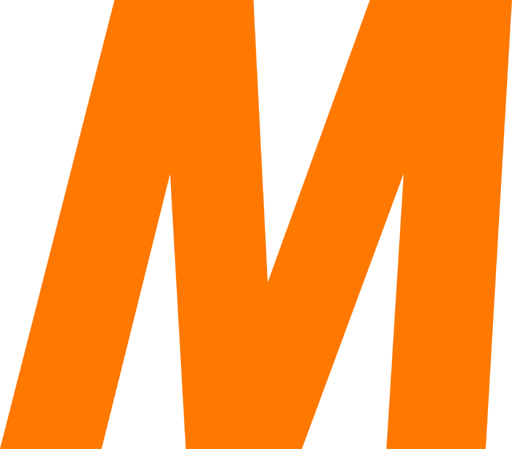 Ein großes, leuchtend oranges "M" auf schwarzem Hintergrund, das an ein modernes Logo erinnert.